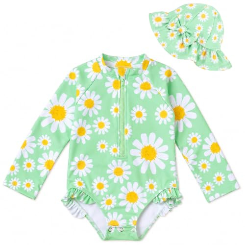 Traje de Baño para Niñas Pequeñas, Bañador con Gorro para el Sol y Manga Larga, Protección UPF 50+, con Cremallera, para Niñas de 3 a 36 Meses, Ideal para la Playa y la Piscina