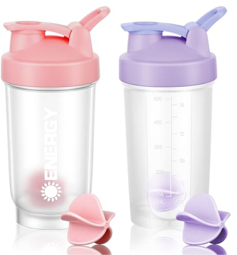 AOOWU Protein Shaker, 2 st, 500 ml läckagesäker proteinskakningsflaska, blandflaska med blandkula och tätningsring, lämplig för sport och fitness (rosa + grön)
