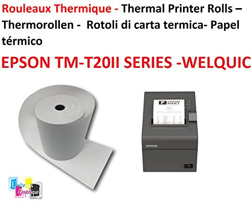 50 Bobines papier thermique, compatible avec EPSON TM-T20II SERIES et WELQUIC caisse recharge standard TPV rouleau 80X80X12 mm 50g bobine pour toutes imprimantes largeur 80 mm
