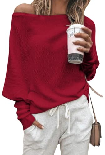 ORANDESIGNE Donna Maglione Maglia Maniche Lunghe Pipistrello Senza Spalline Maglietta Pullover Casuale Elegante Tops Bluse Allentato B Vino Rosso 40