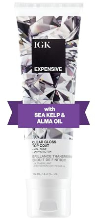 IGK EXPENSIVE Clear Gloss Top Coat, expensive hair gloss, expensive hi-shine gloss treatment, amla oil hi-shine topcoat glaze, glazed donut hair 4.2 Oz