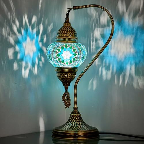 DEMMEX Lámpara turca auténtica, fabricada en Turquía, lámpara de mesita de noche con mosaico turco marroquí, 100% hecha a mano, cuerpo de metal de color latón envejecido y base de metal martillado