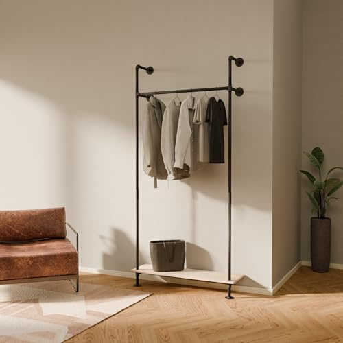 pamo perchero de pared con estante de roble 105 x 222 cm – Barra industrial negra de tubos metálicos, armario abierto compacto para ropa