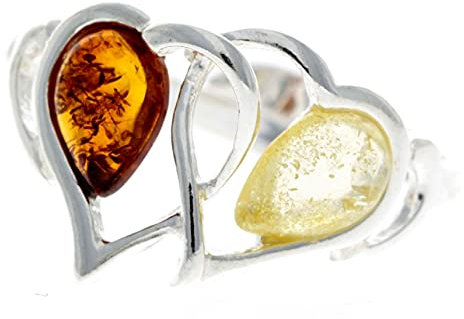 SilverAmber Jewellery Verstellbarer Ring aus 925er Sterlingsilber und baltischem Bernstein Doppelherz - GL713A