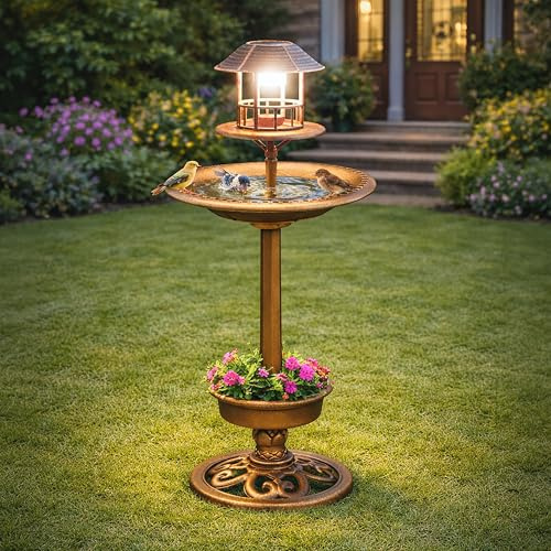Garden Mile 1m Extra Large Bird Bath & Feeding Station with Solar Garden Light Bronze Effect Bird Feeder with Planter Freestanding Bird Bath Feeding Station Outdoor Solar Powered Garden Feature