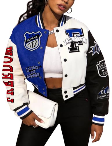 COZYPOIN Women's Varsity Jacket Cropped Letterman Jacket Lightweight Button Down Bomber Racer Baseball Y2K Coats Blue