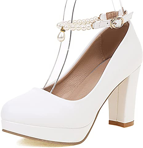 Zapatos de Tacón de Bloque para Mujer, Bombas de Tacón Alto Punta Rojoonda Hebilla Zapatos de Vestir con Plataforma Correa de Tobillo Beaded Elegante Ukdxgx Blanco Talla 36 EU