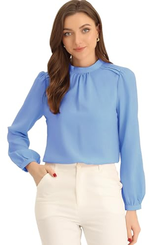 Allegra K Chemise en Mousseline de Soie Femmes Chemisier à Manches Longues Bouffantes Col Montant Blouse Élégant pour Bureau Bleu XL