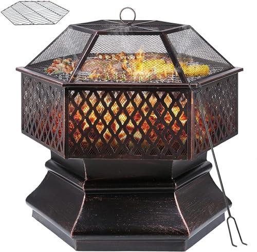 TLSUNNY Brasero Exterieur, Brasero de Jardin avec Grill, Foyer Extérieur, Foyer de Chauffage/Barbecue, avec Filet de Protection, Grill au Charbon & Poker, pour Jardin Terrasse Plage - 71 x 71 x 63 cm