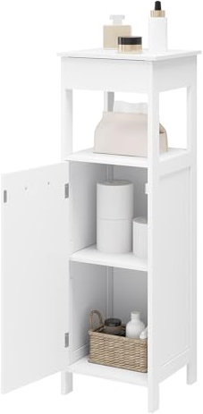 EUGAD Badezimmerschrank 4 Ebenen, stehender Badschrank, Badkommode mit Tür, aufklappbarer Ablage, verstellbarem Einlegeboden, Eckschrank für Badezimmer Wohnzimmer Flur, Weiß, 32x99x30 cm