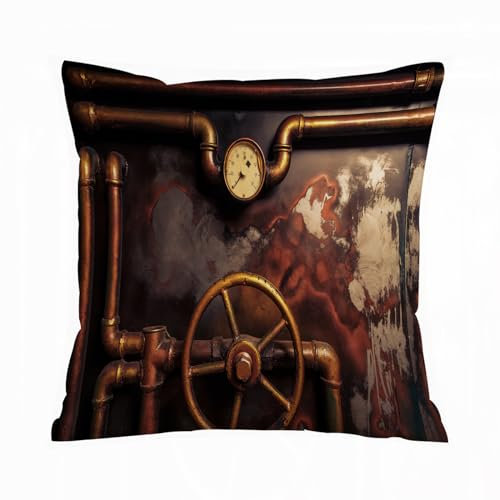 AELKSP Kissenbezug Kissenhülle Haus Dekorativ Für Jungen/Mädchen Wohnzimmer Schlafzimmer Sofa Stuhl Kissenbezüge,Hintergrund Vintage Steampunk aus Dampfrohren und Manometer,45x45 cm