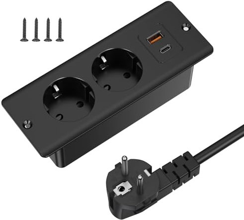 Tischplatte Versenkbare Steckdose mit 1 USB und 1 Type-C, Einbausteckdose Steckdosenleiste mit 2m Kabel, Tischsteckdose Doppelstecker für Tischplatte oder Arbeitsflächen - Schwarz