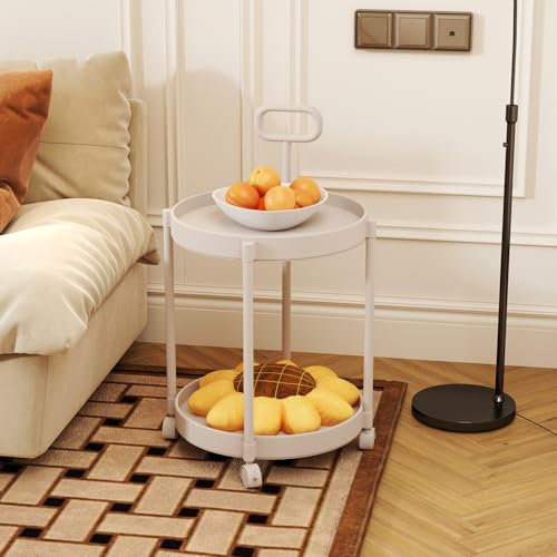 GOLDFAN Side Table for Living Room, White Mobile Sofa End Table Coffee table with Wheels, 2-Tier Round Drinks Trolley for Kitchen, Bedroom or Office, 40 x 40 x 69 cm
