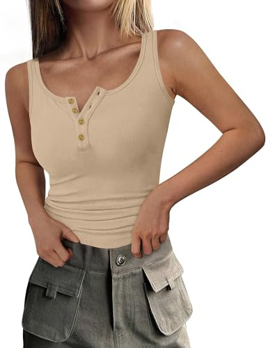 DUOEASE Canottiera Donna Estiva 2025 con Bottoni a Coste Top Donna Maglietta Donna Senza Maniche Khaki-M