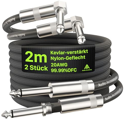 Gitarrenkabel, rechtwinklig, 2 m, Nylon, geflochten, Anti-Kinken, Kevlar-verstärkt, 20 AWG, 99,99 % OFC 1/4 Instrumentenkabel, AL & OFC geschirmtes Gitarrenkabel für Fender E-Gitarre, 2 Stück