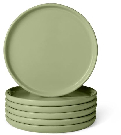Amazon Basics Assiettes Plates en Grès Émaillé, Lot de 6 Pièces, 26,7cm, Compatible Micro-Ondes et Lave-Vaisselle, Couleur Olive