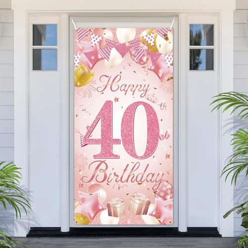 PartyYaa 40. Geburtstagsbanner Deko, 40. Geburtstag Tür Banner, Rose Gold Happy Birthday Banner Türabdeckung Fotoautomaten Schild Poster Party Deko für Drinnen und Draußen
