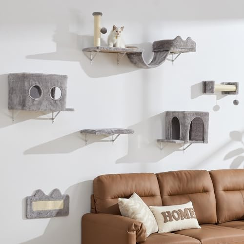 BYBYME Multifunctional Cat Climbing Frame, 6PCS Sturdy Cat Wall Furniture Set With Cat Bed And House, Scratching Board And Sisal-Covered Posts For Cats To Play, Rest (Light gray)