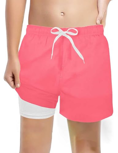 POIUIYQA Short de bain 2 en 1 pour garçon, doublure de compression avec poches et taille élastique, séchage rapide, short de bain pour adolescents de 5 à 12 ans