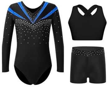 iiniim 3 delar, flicka gymnastikdräkt, glitter, gymnastikdräkt, långärmad balettdräkt, gymnastik, leotard + sport-bh, toppar + shorts, gymnastiktröja, konkurrens, danskostym