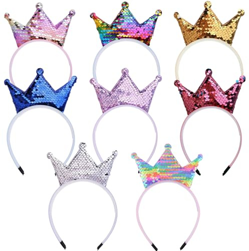 EUDUQ Set di 8 fasce per capelli con paillette a forma di corona, fasce glitterate per ragazze, cerchietti in metallo colorato per capelli per compleanno, Natale, festa, cosplay
