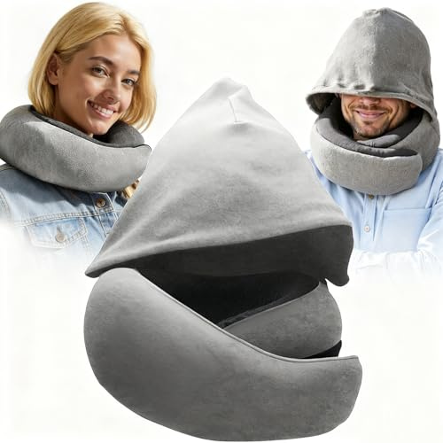 Cuscino da Viaggio con Cappuccio, Cuscino Aereo & Auto Ergonomico, Cuscino Cervicale Morbido e Traspirante, Tasche Integrate, Compatto e Ultraleggero