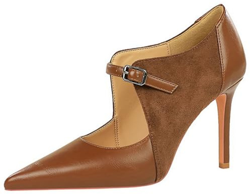 Eestfy Tacones de Aguja Ante Mujeres Punta Afilada Hebilla Correa Calado Court Salones Tacones Altos Zapatos de Fiesta Sexy para Banquete Noche & Recepción de Boda,Marrón,43 EU