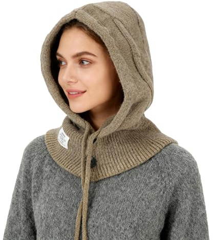 AYPOW Femme Bonnets et Écharpes Tricotés d'hiver,2 en 1 Chaude Coupe-Vent Réglable Cagoule avec Écharpe à Capuche,élastiques Chapeaux Masque en Laine pour Sports de Plein Air Courses Quotidiennes