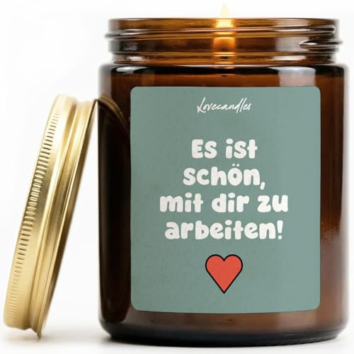Es ist schön, mit dir zu arbeiten! - Duftkerze mit Spruch als Geschenk für Arbeit, Kollegen, Kollegin/Kollege, Lustige Vanille Duftkerze im Glas