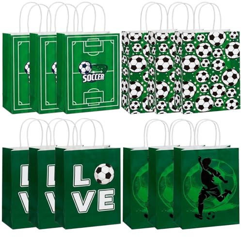 HOMAVEL 12 st fotbollsfestpapperspåsar 15 x 8 x 21 cm – gröna presentpåsar i 4 designer – robusta presentpåsar med handtag för världsmästerskap, barns födelsedag, sportevenemang och matchdagsgåvor