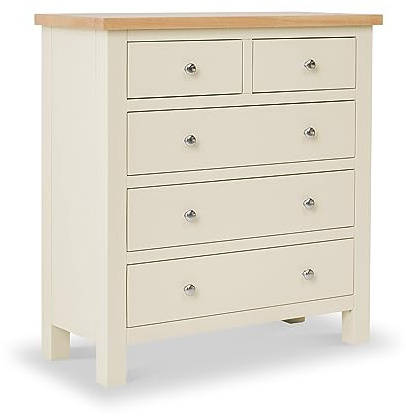 RoselandFurniture Farro Cream Chest Of Drawers for Bedroom Tall 2 Over 3 Country Farmhouse Solid Wood Painted Storage Chest with Oak Top | Fully Assembled