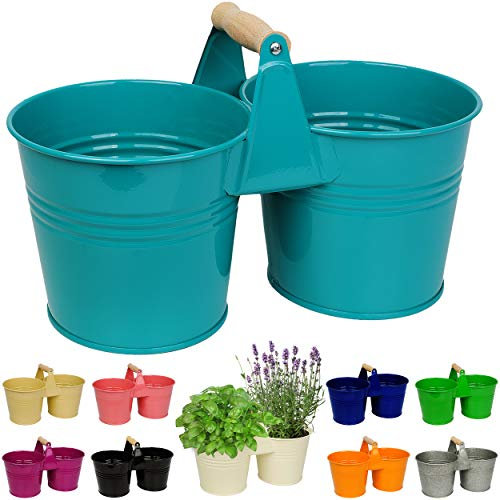 alles-meine.de GmbH Design - doppelter 2er - Topf - Blumentopf/Pflanzkübel/Pflanzschale - Metall - mit Holzgriff/Henkel - weiß/Creme/wollweiß/Ecru/Champagner - 34 c..