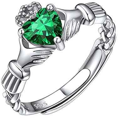 ChicSilver May Birth Silver Claddagh Rings for Women Simulated Emerald Heart Birthstone Ring Adjustable