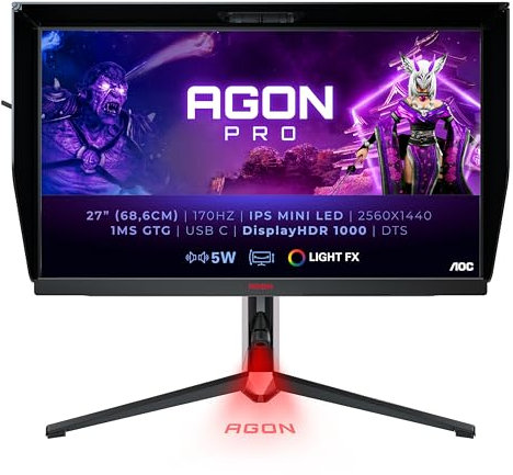 AOC AGON AG274QXM - 27 Inch QHD Gaming Monitor, 170Hz, IPS, 1ms, Mini LED, RGB design, HDR 1000, KVM, Height Adjust, Speakers (2560x1440 @ 170Hz, 600 cd/m² HDMI 2.0 / DP 1.4 / USB-C), black