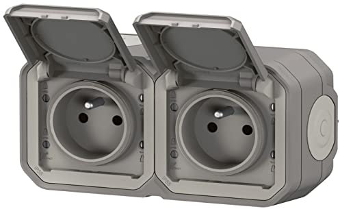 LEGRAND - Prise Etanche Double IP55 avec Terre Plexo - Prise 2P+T 16A Complète avec Volet - Pour Pose en Apparent - Montage Horizontal - Fabriqué En France - Gris