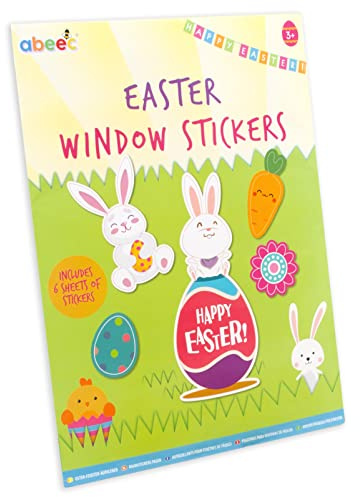 abeec Easter Window Stickers | 6 Sheets of Reusable Easter Decorations | Cute Bunny, Egg & Chick Designs | Perfect for Kids’ Crafts & Home Décor | Non-Adhesive, Static Cling Stickers