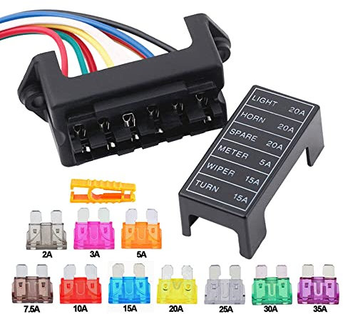 Aiqeer 6-Fach KFZ Sicherungskasten, 2 Eingang 6 Ausgang Flachsicherungsblock, KFZ Sicherungshalter mit Vorverkabelt, und 10 Stück Standard Flachsicherung (12V / 24V / 32V / 48V Universal)