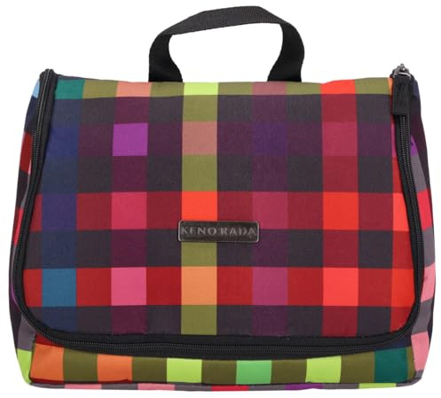 Kenorada Kulturbeutel SoftLITE | Kulturtasche mit praktischer Innenaufteilung | herausnehmbarer Spiegel | versteckbarer Aufhängehaken (multicolorcheck, Kulturbeutel)