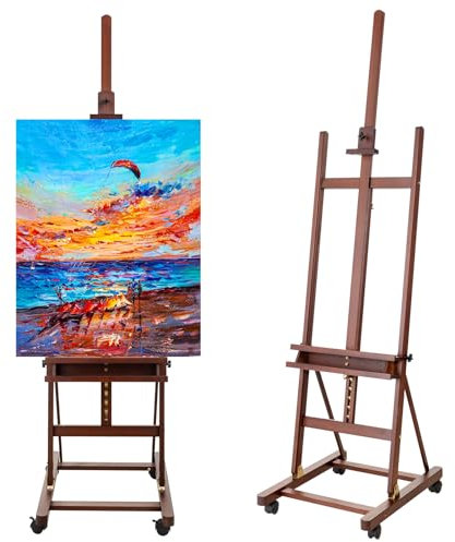 Somime H-Frame Studio Easel, Beechwood Artist Easel Storage Tray, Adjustable Floor Easel Stand Holding Canvas up to 51Inches for Painting, Brown