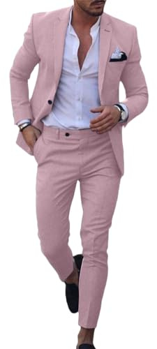 Oanviso Costume Homme 2 Pièces Manches Longues Costume d'affaires Classique de Couleur Unie Costume à Simple Boutonnage et Pantalon Ensemble Deux Pièces Confort Elégant Sets A Rose L