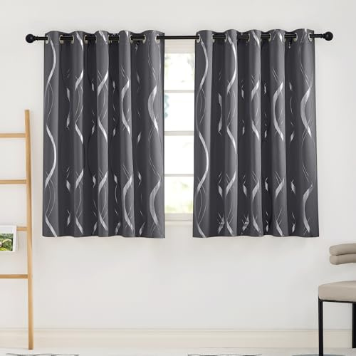 PONY DANCE Grey Blackout Curtains for Living Room - Thermal Insulated Extra Wide Eyelet Curtains for Kids Bedroom, Soundproof Silver Wave Line Foil Printed Gray Curtains, 66 x 54 Inch Drop, 2 Panels