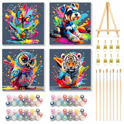 WEMEON 4 Pack Paint by Numbers for Children with Framed- Easy Paint by Number for Kids Ages 4-8-12, Simple Painting Kits for Kids for Gift Home Wall Decor(8x8Inch)