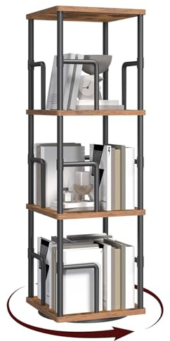 MAHANCRIS Bücherregal mit 3 Ebenen, Drehregal Regal mit Buchstützen, 30 x 30 x 96,3 cm, Standregal für Kleine Räume, Industrie-Design, für Wohnzimmer, Schlafzimmer, Braun und Schwarz ABKHR1401