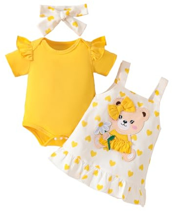 UUAISSO Vestiti per neonati Bambina Cuore Stampa Manica Corta Tutina Bretelle Gonna Orso Vestito Fiocco Fascia 0-18 Mesi Orso Huangse 0-3 mesi