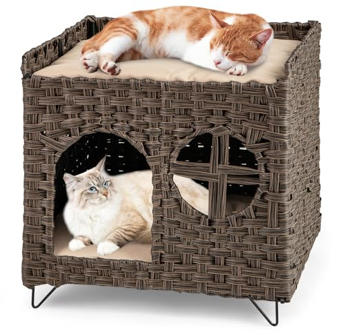 COSTWAY 2-Tier Wicker Cat House, Foldable Cats Cave Sleeping Bed with Elevated Perch & Soft Removable Cushions, Indoor Rattan Kitten Condo Pet Furniture, 50 x 45 x 50cm