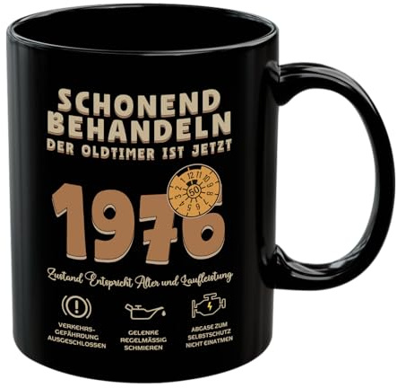1976 Geschenk 50 Geburtstag Mann, Tasse Schonend behandeln Oldtimer ist 50, Lustig Kaffeetasse als Geburtstagsgeschenk für Männer Ehemann Papa Freund Kollege Bruder, Schwarz, Keramik 350 ml