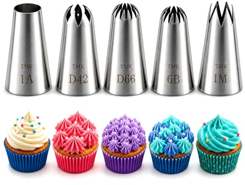 5 Pack Stainless Steel Seamless Piping Icing Tips 1M 1A D66 D42 6B, Large Piping Nozzle, Cake Decorating Tools for Cupcake Baker
