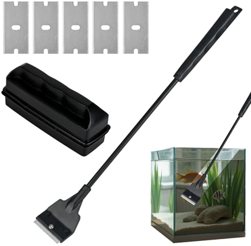 elthmpr Fish Tank Magnetic Glass Cleaner, Detachable Stainless Steel Algae Scrapers 35cm, with 5 Replacement Blades, Aquarium Magnetic Brush Cleaning Tool for Glass Fish Tank Aquarium