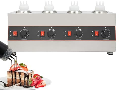 Calentador de salsa eléctrico de 640 W con 4 botellas de salsa, dispensador de acero inoxidable, calentador de salsa eléctrico comercial, for mayonesa, aderezo for ensaladas, kétchup y chocolate.