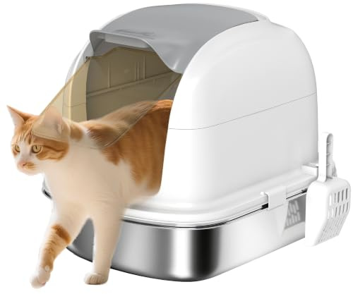 PawHut Kattlåda, rostfritt stål med lock, kattlåda med badkar, inklusive ströspade, för katter under 5 kg, vit